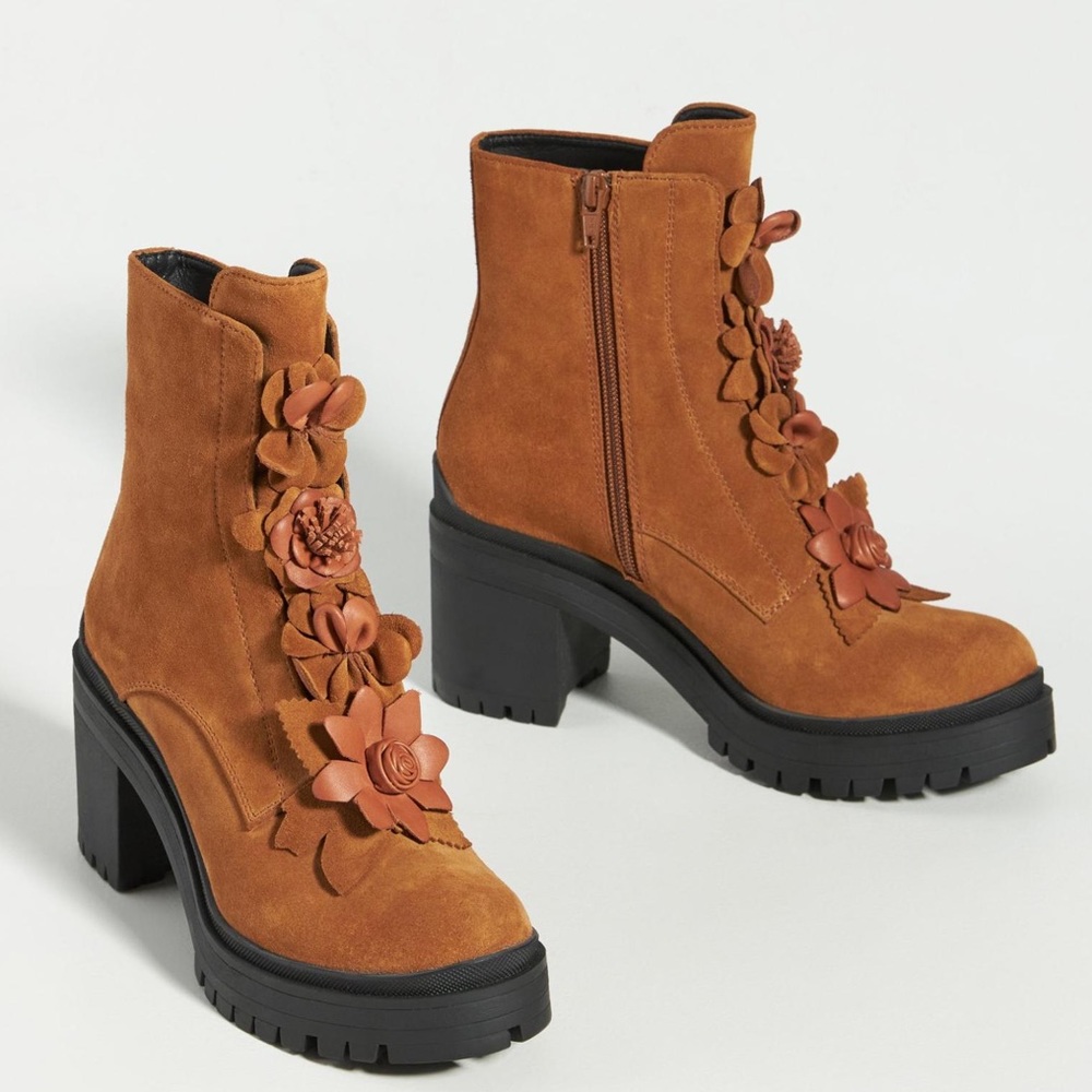 Anthropologie Floral Heeled Lace-Up Boots